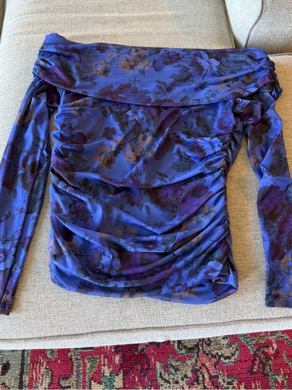 Anthropologie Maeve Blue and Purple Floral Off-Shoulder Top